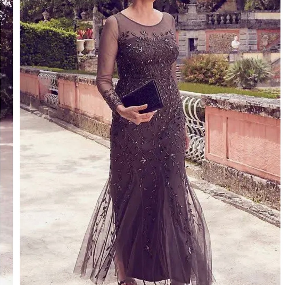 Oleg Cassini long brown beaded wedding guests dress